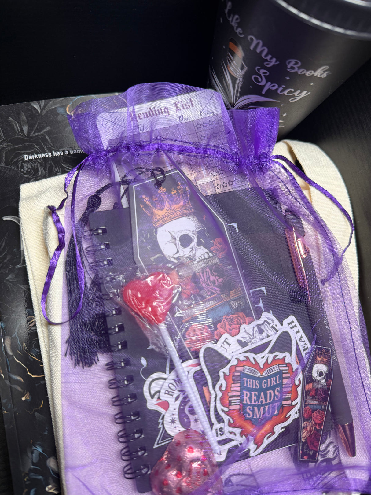 Luxury dark romance gift basket - spa, books, toy, gift wrap