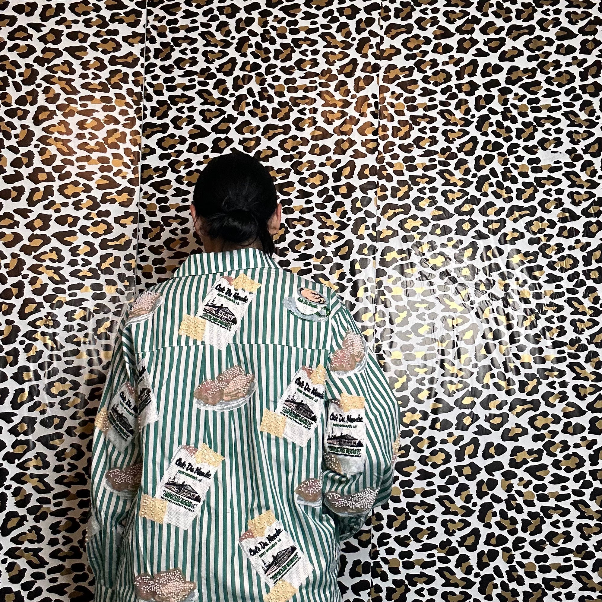 Queen of Sparkles Green & White Stripe Café Du Monde Icon Button Up Top