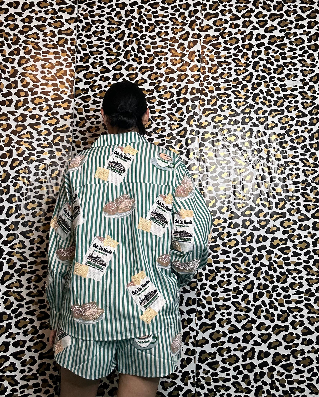 Queen of Sparkles Green & White Stripe Café Du Monde Icon Button Up Top