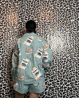 Queen of Sparkles Green & White Stripe Café Du Monde Icon Button Up Top