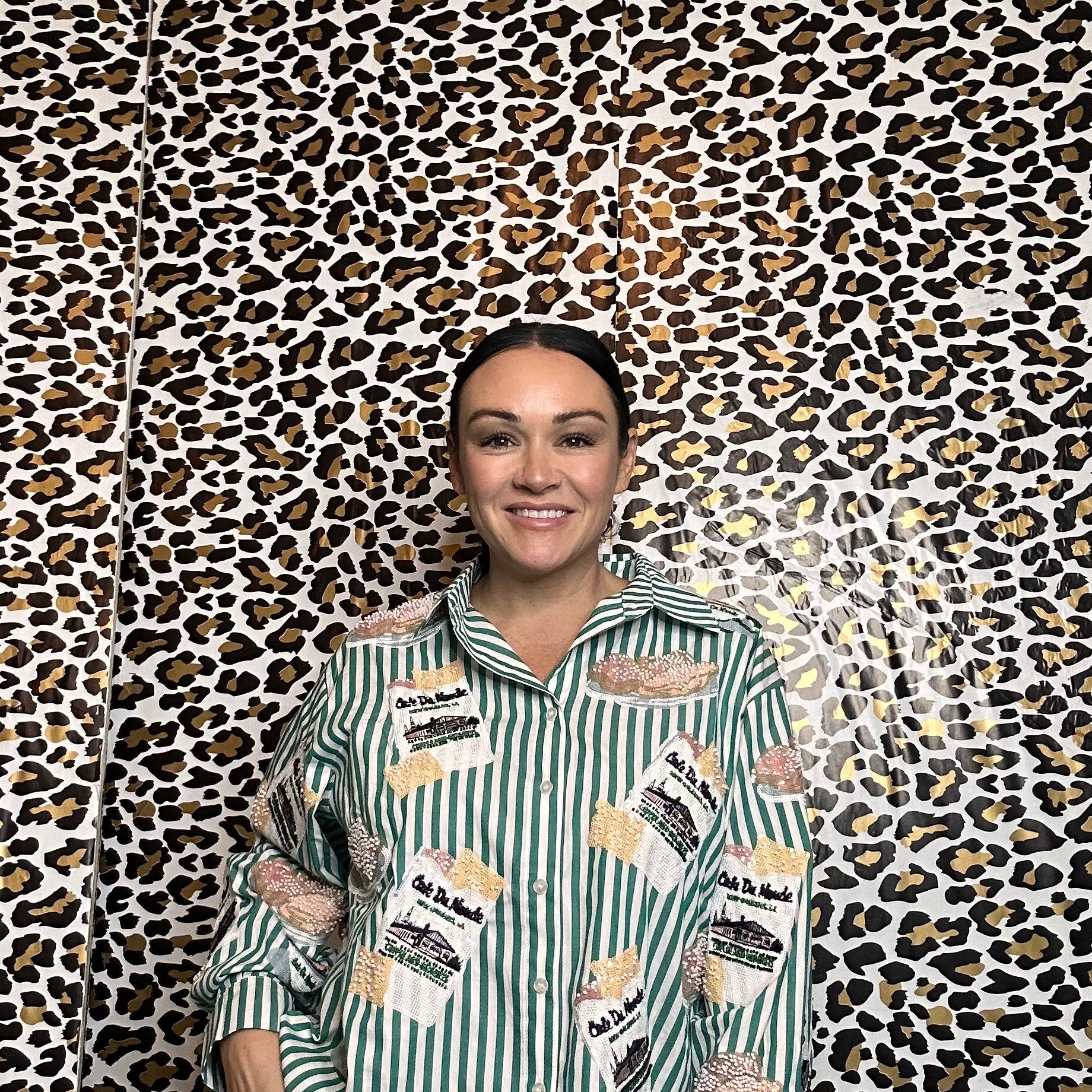 Queen of Sparkles Green & White Stripe Café Du Monde Icon Button Up Top