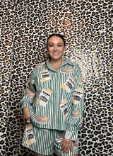 Queen of Sparkles Green & White Stripe Café Du Monde Icon Button Up Top