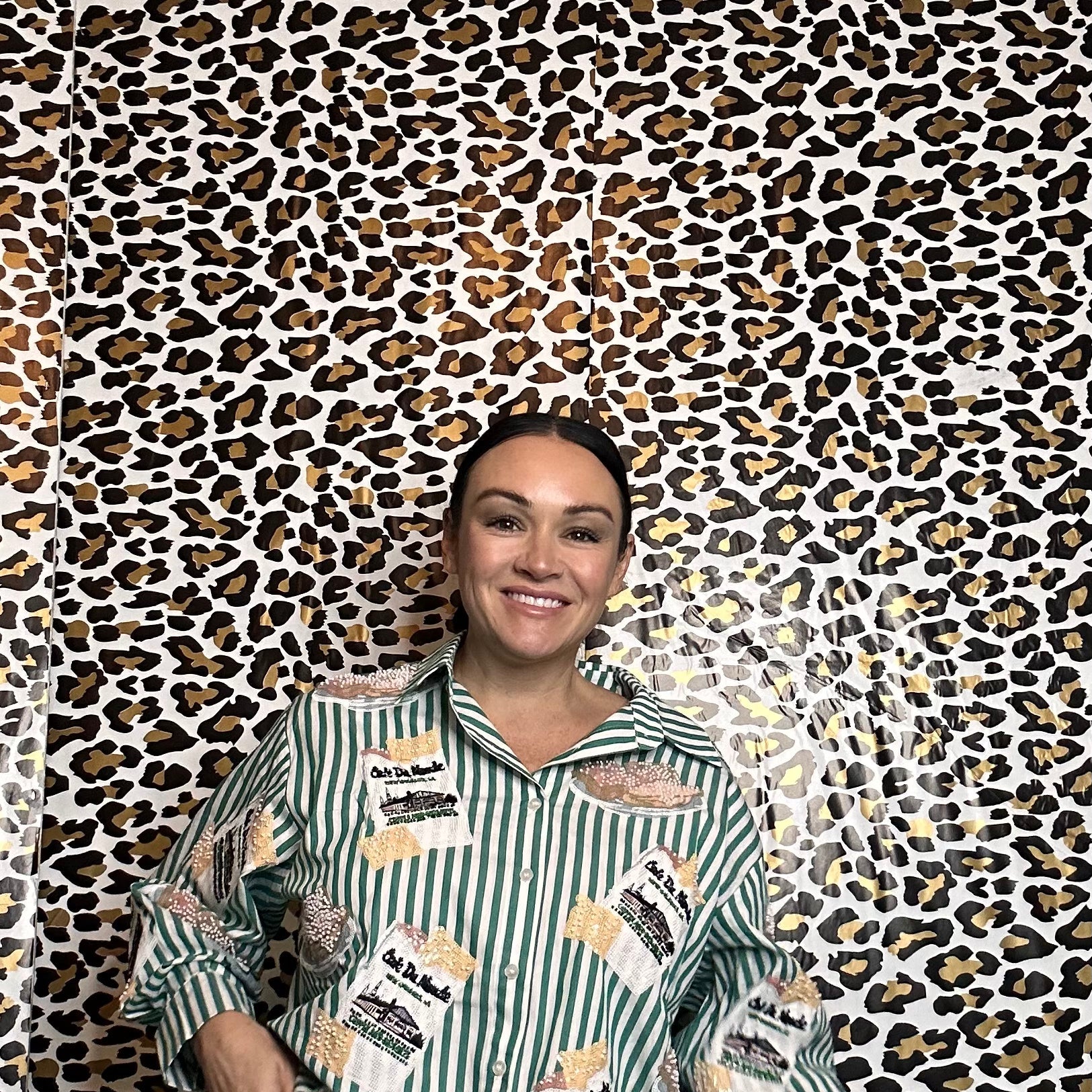 Queen of Sparkles Green & White Stripe Café Du Monde Icon Button Up Top