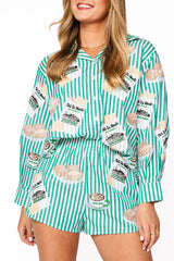 Queen of Sparkles Green & White Stripe Café Du Monde Icon Button Up Top
